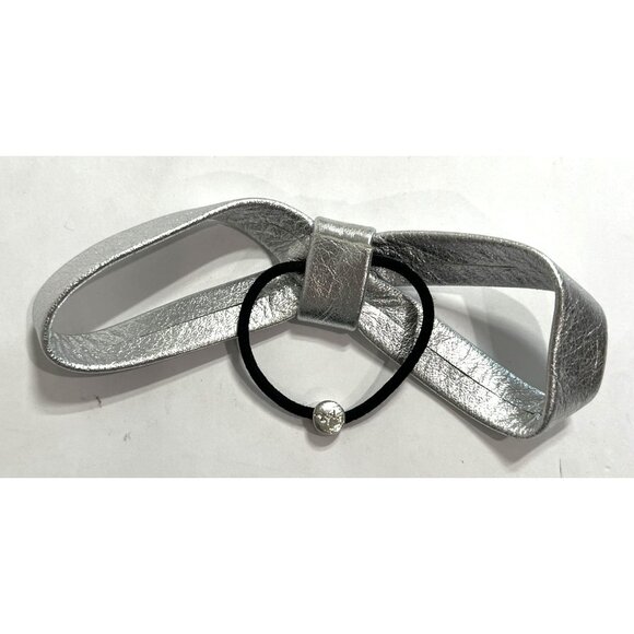By Lilla Leather Bow Hair Tie in Metallic Silver - Picture 3 of 4